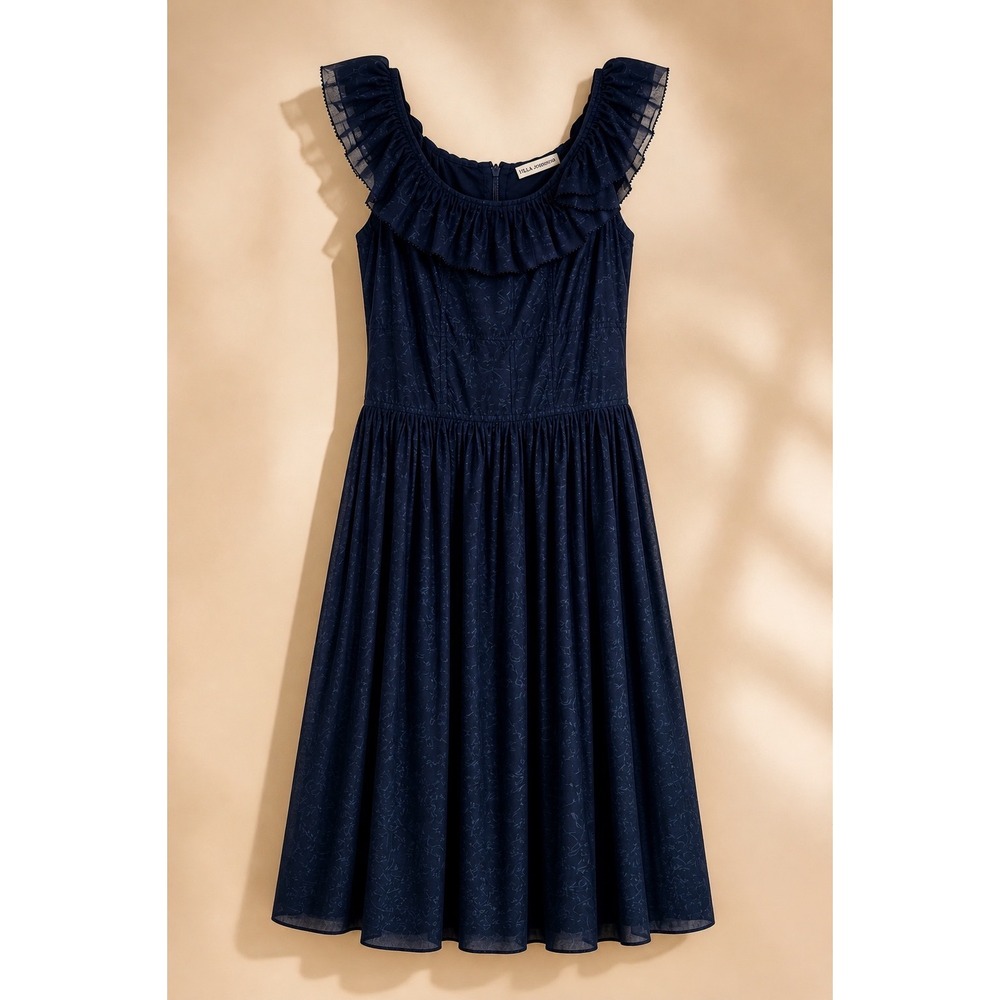 Ulla Johnson Dahlia Dress Navy Ruffle Silk Cotton Midi Fit Flare Flowy US 10